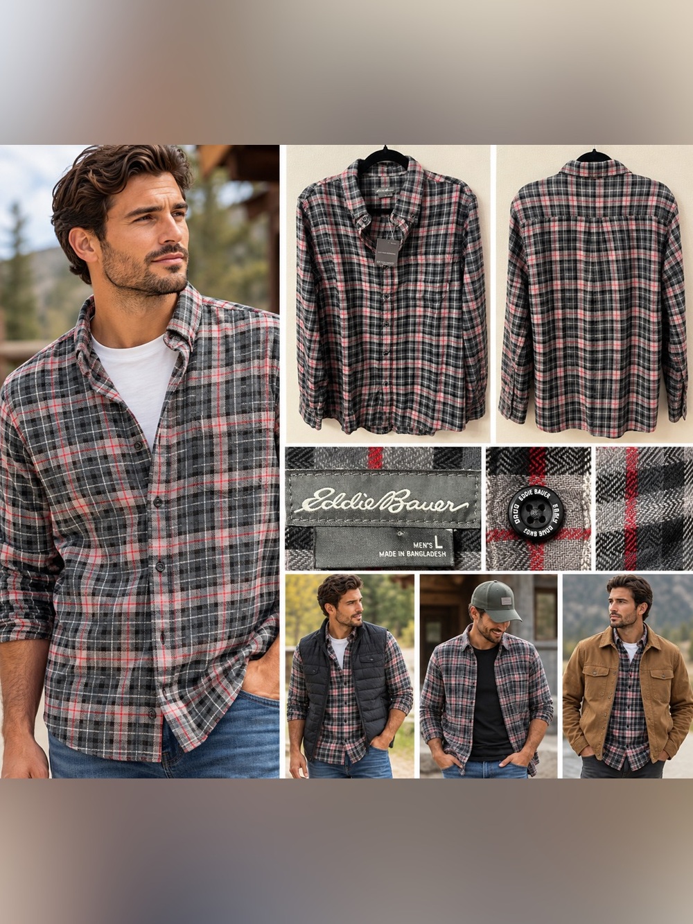Title: Eddie Bauer Men’s Plaid Flannel Shirt Size L NWT 100% Cotton Gray Red